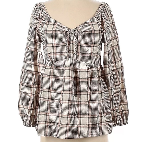 AVLN Studio Tops - NWOT AVLN Studio by Stitch Fix, Beige Plaid Boho Off Shoulder Blouse, Large